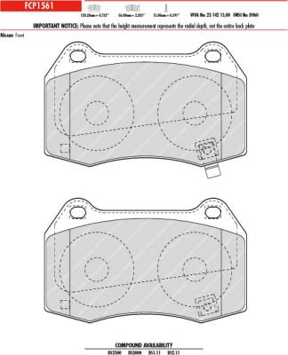 Ferodo  - Ferodo DS2500 FCP1561H 350Z, G35 Front Brake Pads